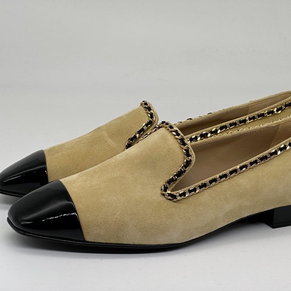 CHANEL 21A Suede Patent Cap Toe Chain Trim CC Loafers Flat Shoes - Picture 11 of 16